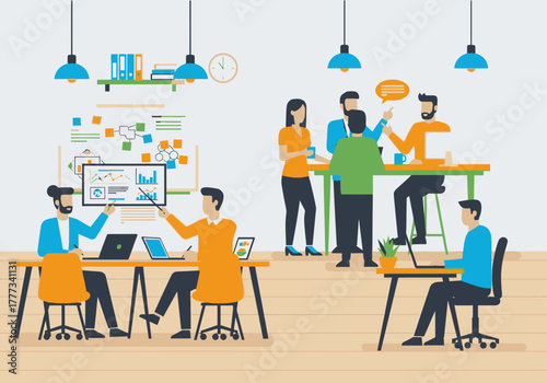 Stylized business professionals in diverse attire actively collaborating presenting data and discussing ideas.