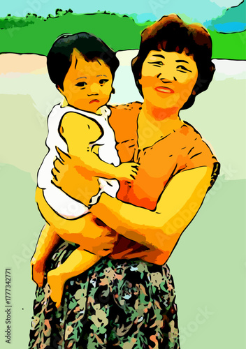 赤ちゃんを抱く祖母