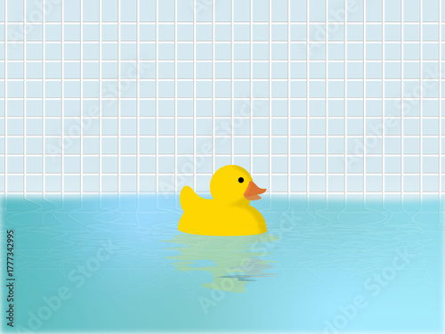 水色タイルの浴室背景とアヒルのおもちゃ | お風呂・バスタイムのイラスト