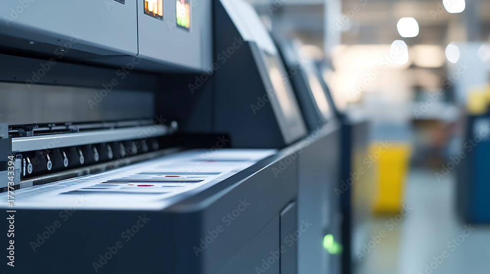 Fototapeta premium Close-up of an industrial printing machine with paper loaded, ready for high-volume printing. The focus is on the precision of the technology for mass production.