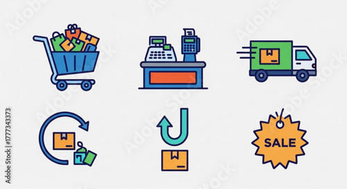 Illustration set featuring shopping cart, cash register, delivery truck, return process, and sale tag vector design for ecommerce