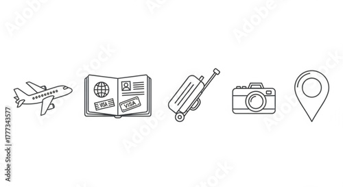 A minimalist line art collection of travel icons, featuring an airplane, passport, luggage, camera, and location pin, ideal for travel blogs and websites