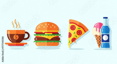 A vibrant flat design of food and drink icons, showcasing coffee, burger, pizza, ice cream, and soda, perfect for menus, websites, and promotional materials
