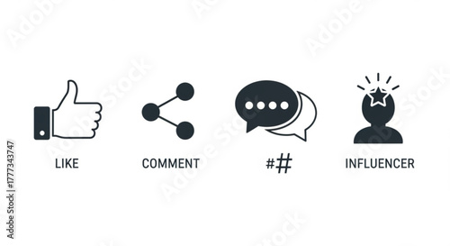 Social media icons featuring like, comment, share, and influencer symbols, perfect for web design and marketing materials