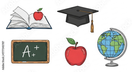 Illustration of school supplies like book, apple, graduation cap, chalkboard, and globe for education and learning