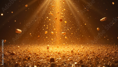 Scattering golden dust and pebbles illuminated by dramatic light in a magical atmosphere