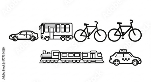 Illustration of various means of transportation, including a car, bus, bicycle, train, and taxi perfect for transportrelated projects