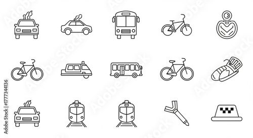 Collection of transportation icons, including cars, buses, bicycles, trains, and taxis ideal for transportationthemed designs