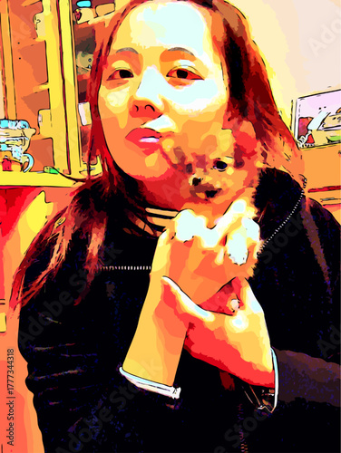 チワワの仔犬を抱く女性