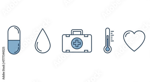 Medical icon set with capsule, drop, first aid kit, thermometer, and heart healthcare and medicine concept in blue outline style