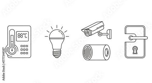 Line art illustration showcasing smart home devices, including a thermostat, light bulb, security camera, speaker, and door lock