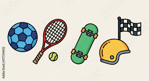 Colorful illustration of various sports equipment, including a soccer ball, tennis racket, skateboard, and helmet with a checkered flag