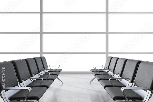 Empty waiting room interior with modern seats, minimalist style, large transparent windows and white background, concept of blank airport or office template, 3D Rendering