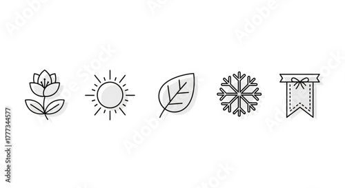 Seasonal icons a minimalist vector illustration showcasing a flower, sun, leaf, snowflake, and ribbon in a clean, modern style