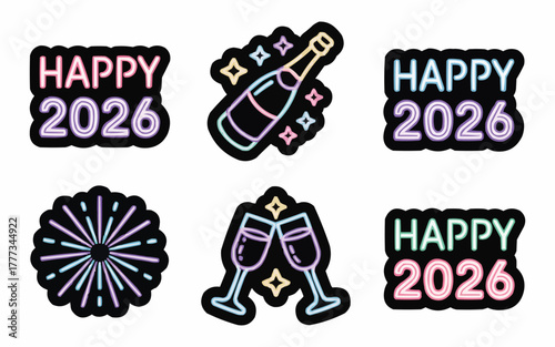 Celebrate the arrival of 2026 with vibrant neon-style graphics featuring champagne toasts, fireworks, and festive messages for an unforgettable New Year's Eve.
