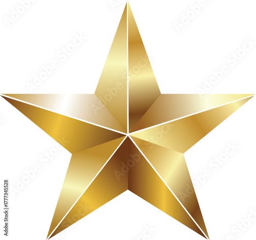 Shiny golden star icon, luxury five point metallic award badge with reflections on white background.