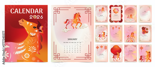 2026 table calendar week start on Sunday with horse chinese  that use for horizontal digital and printable letter size