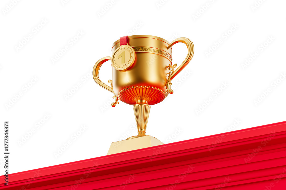 Fototapeta premium Shiny golden trophy with number one medal on elegant red pedestal, isolated on white background. 3D Rendering concept of victory and championship