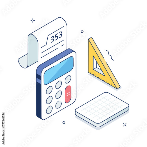 Modern isometric illustration of calculator, ruler, and math sheet for students