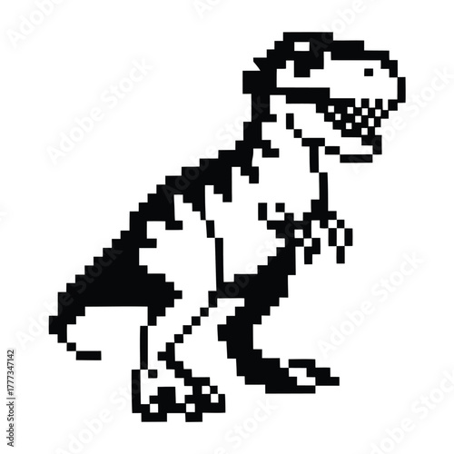 Monochrome Pixelated Tyrannosaurus Rex on White Background