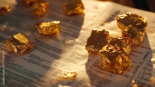 Closeup of pure gold nuggets on a financial report, symbolizing the natural purity and value in gold investments