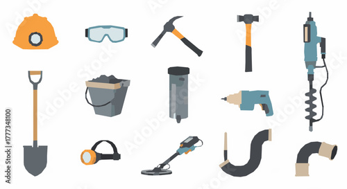 Collection of construction tools Helmet, goggles, hammer, drill, shovel, and other equipment for building and repair