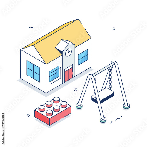 Cute isometric illustration of a kindergarten building with swing and toys