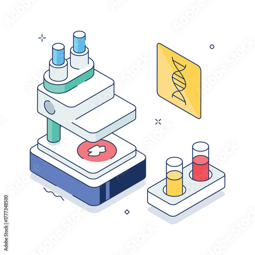 Microscope, test tubes, and DNA chart for science education, isometric illustration