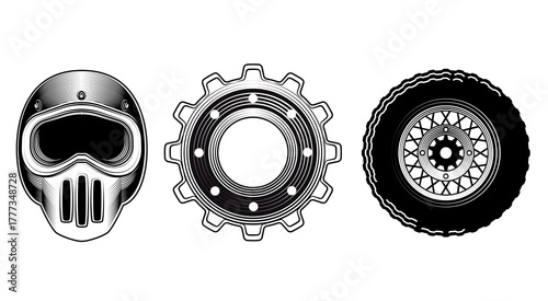 Set of monochrome vector illustrations of motorcycle themed objects Full face racing helmet with goggles gear sprocket spoked wheel tire detailed vintage engraving style