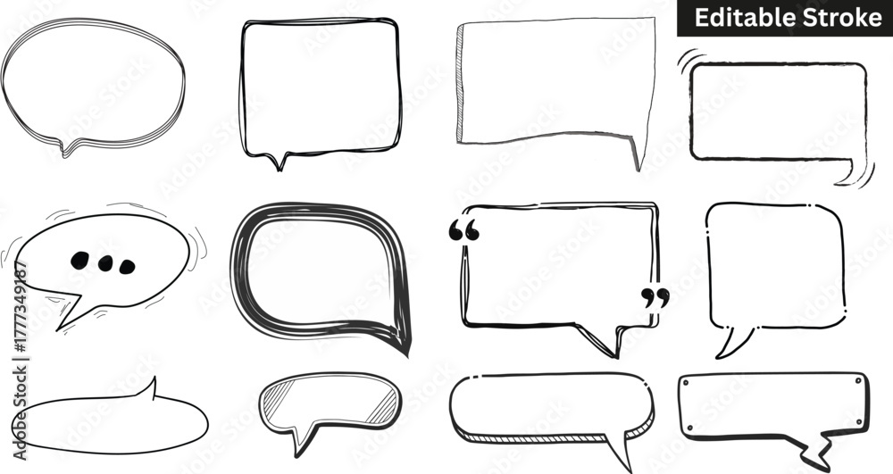 Obraz premium Set of hand drawn speech bubbles and quote boxes. Vector sketch doodle dialog balloon collection. Editable stroke.