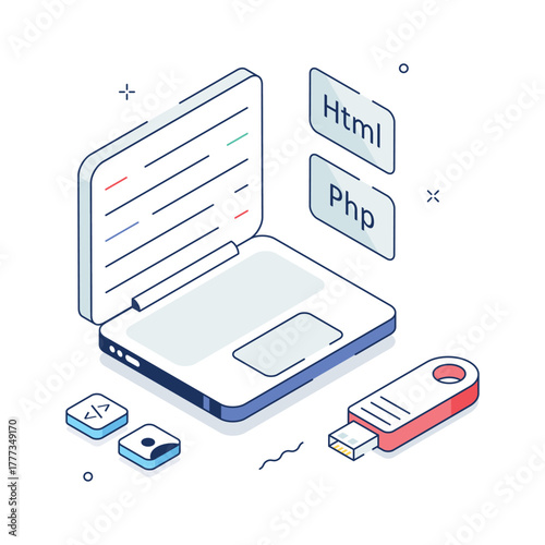 Modern isometric illustration of laptop and USB showing programming education