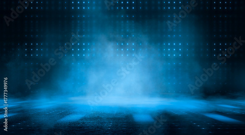 Dark night scene over water, fog over dark ocean water, dark surface, neon light, reflections on the water. Fantasy night water scene.