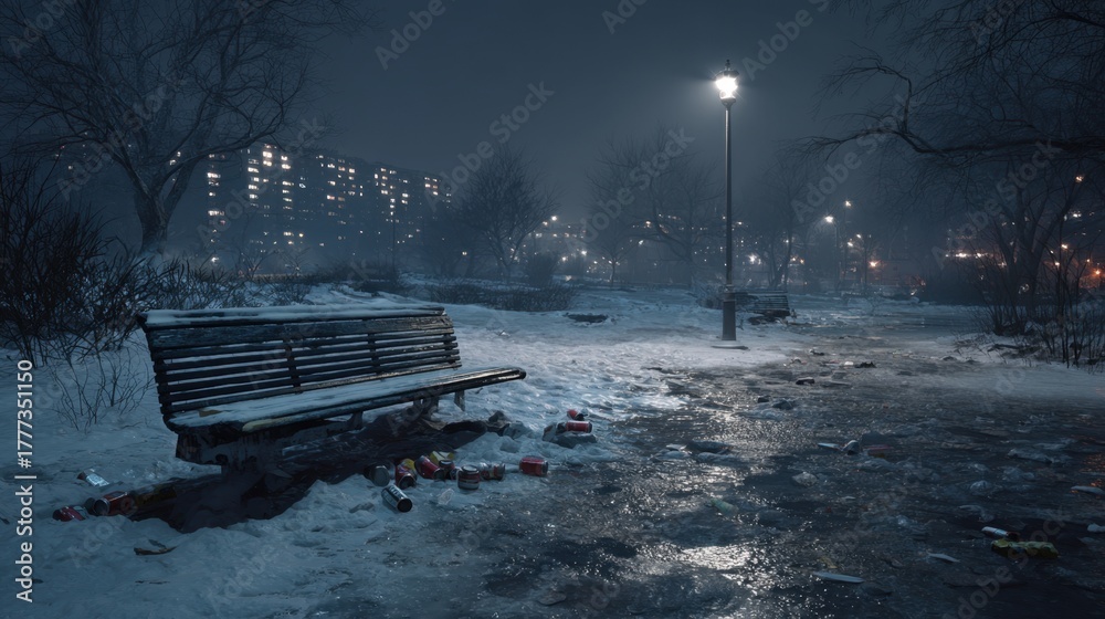 Obraz premium Snowy park benches illuminated by streetlights at night during winter