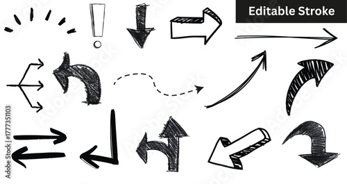 Set of hand drawn arrows. Vector collection of sketch doodle arrow icons. Editable stroke.