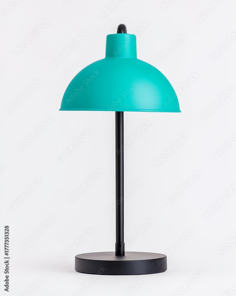 Obraz premium Modern Minimalist Teal Desk Lamp with Black Stand on White Background for Home or Office Decor