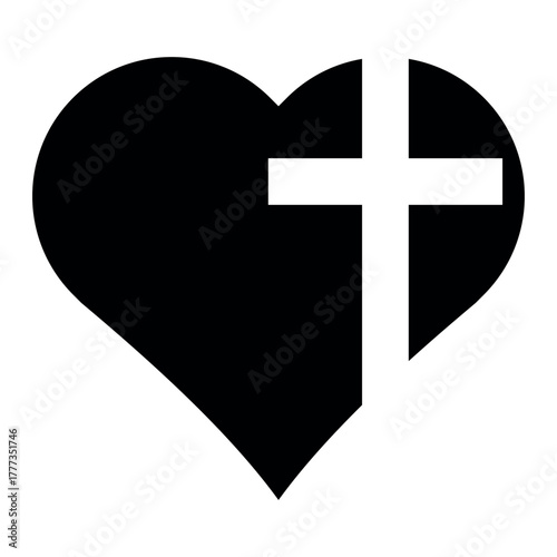 Black Heart with White Christian Cross, Faith Love Symbol Icon