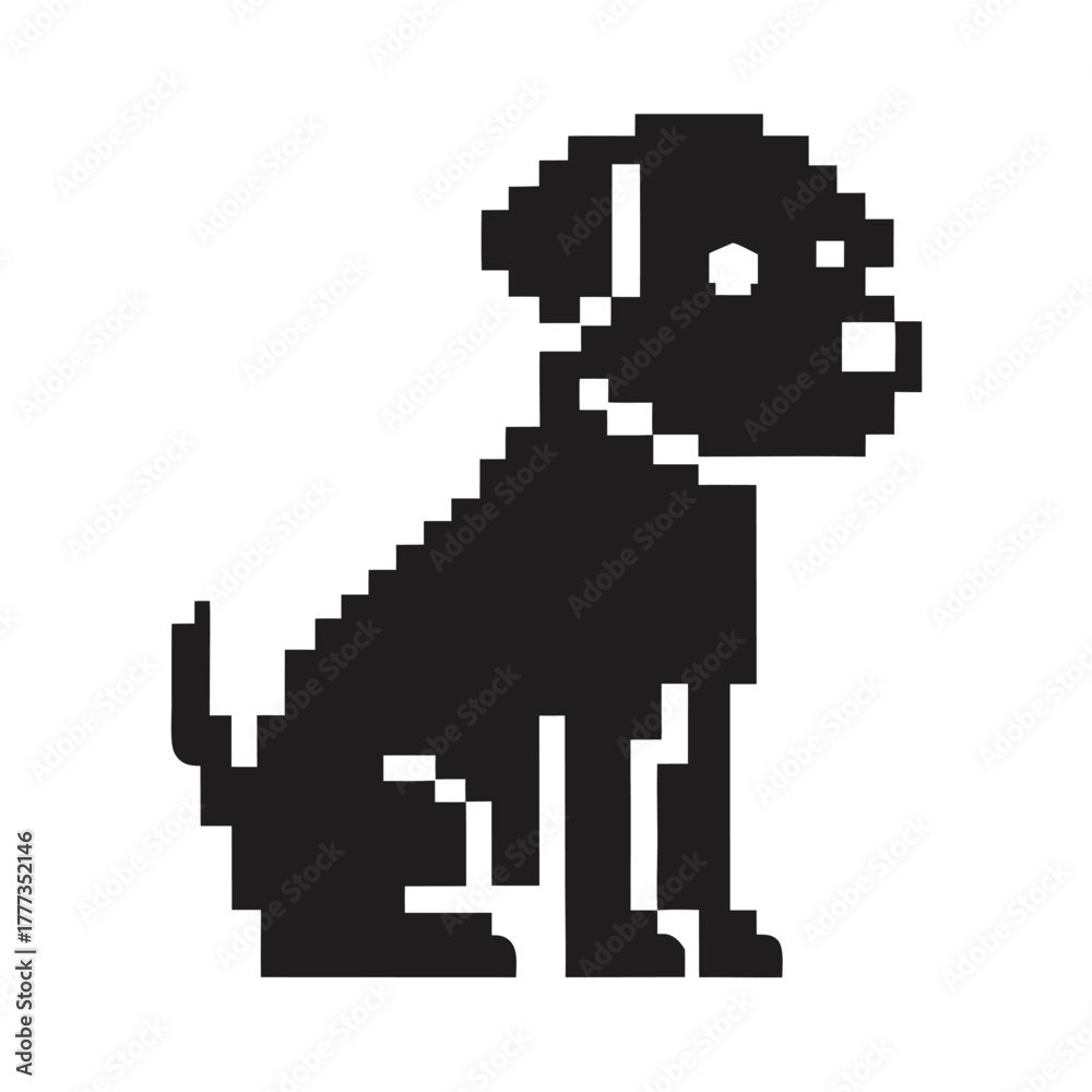 Obraz premium Pixel Art Black Puppy Silhouette on White Background