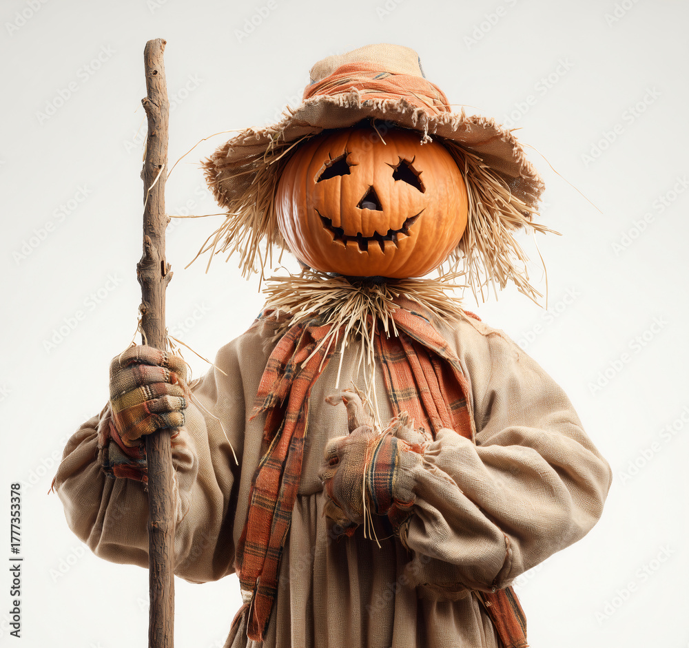Obraz premium The pumpkin-headed scarecrow stands out against the background