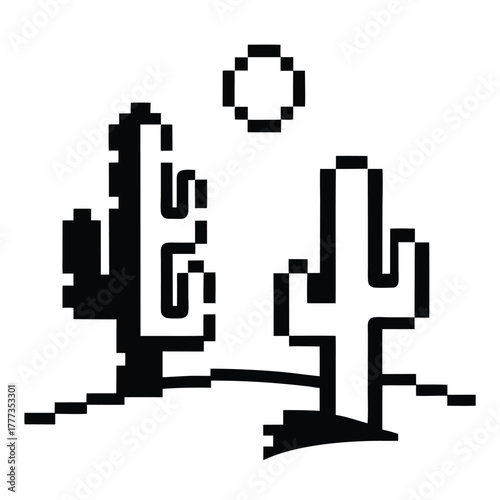 Pixel Art Cacti in Black and White with Sun on White Background Design