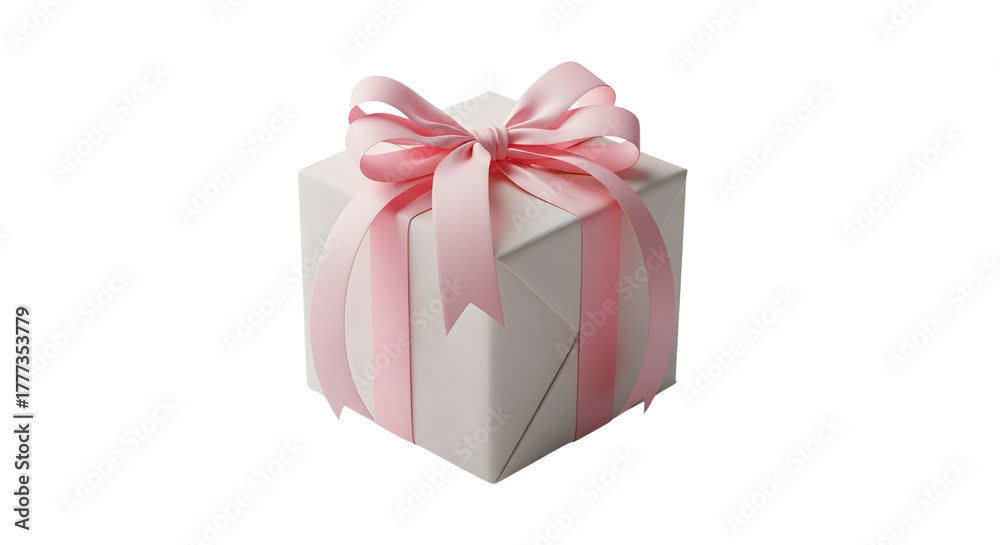 Obraz premium White Square Gift Box with Pink Satin Ribbon Bow isolated PNG with Transparent Background