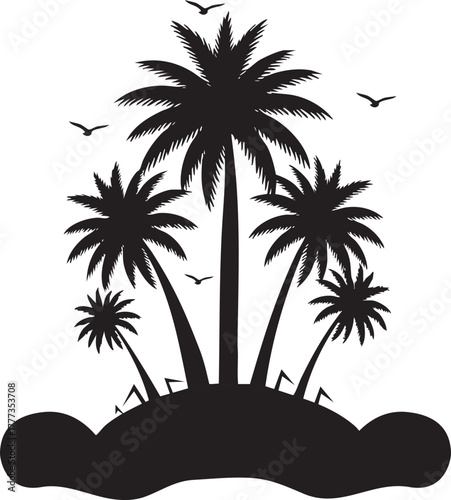 Stylized black silhouette of a tropical island featuring multiple palm trees and flying birds, evoking a sense of calm and vacation.