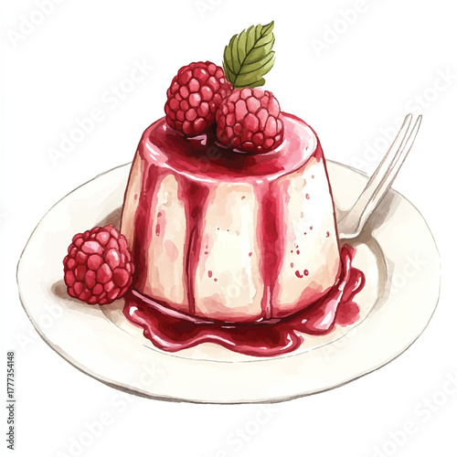 Elegant Panna Cotta Dessert with Raspberry Sauce and Fresh Berries.