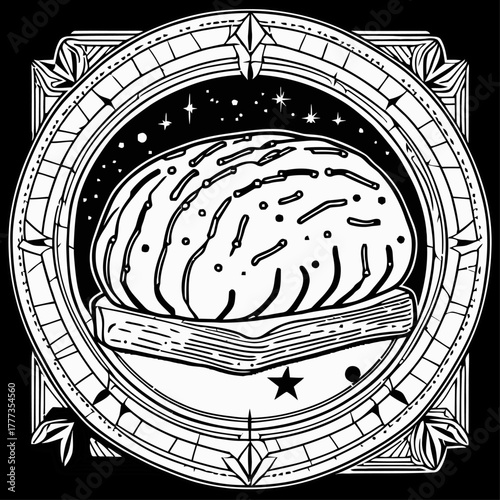 An intricate line art design of a loaf of bread with a pattern of constellations on the crust