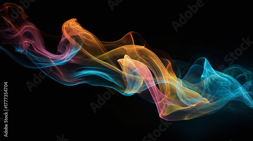 Abstract flowing colorful smoke with the black background. The image has a dreamy aesthetic, with a sense of movement and energy