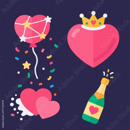 Celebration of Love Icon Set Confetti Falling on Heart, Heart-shaped Balloon, Connected Stars, Popping Champagne (with heart effervescence), Crown on Heart