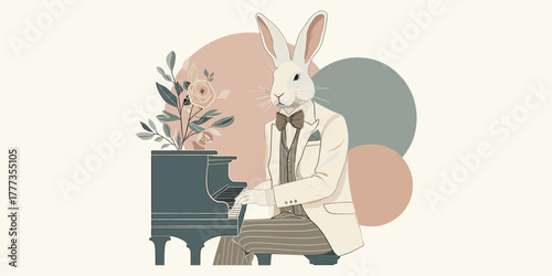 A whimsical rabbit in a suit plays the piano surrounded by soft, muted pastel circles and delicate foliage, creating a serene and artistic scene
