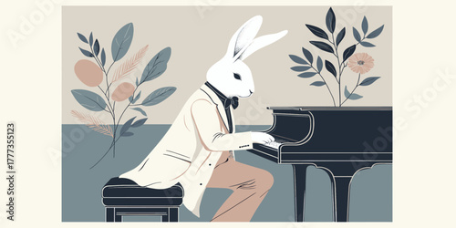 An elegant illustration of a dapper white rabbit dressed in a suit, skillfully playing a classical grand piano in a room with plants