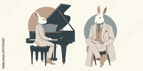 Elegant Rabbit Pianist and Sophisticated Rabbit Gentleman A Stylish Illustration Set