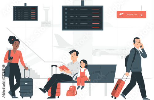 Airport Waiting Area With Travelers And Departure Board Keywords: airport, travel, waiting
