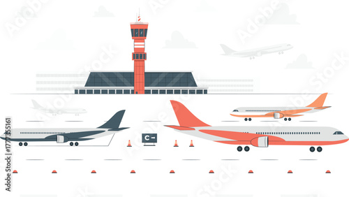 Airport Scene With Airplanes And Control Tower Keywords: airport, airplane, aircraft, travel